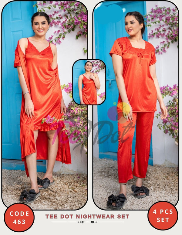 Silk Lace Nightgown & Sleep Shirt Red 4 Pcs
