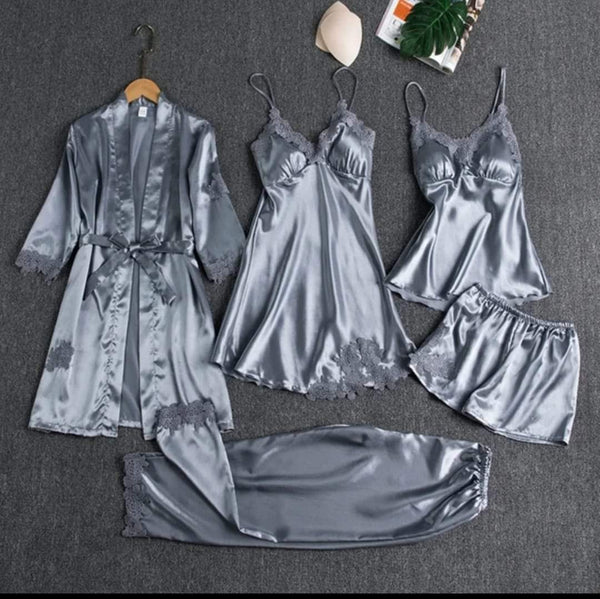 5 Piece Silk Long Bridal Nighty Set Best Honeymoon Gown with Bra and Pant