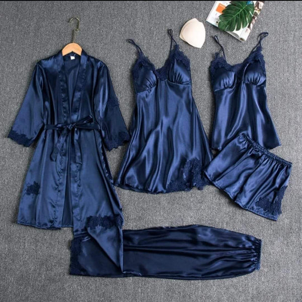 5 Piece Silk Long Bridal Nighty Set Best Honeymoon Gown with Bra and Pant