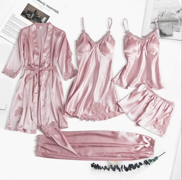 5 Piece Silk Long Bridal Nighty Set Best Honeymoon Gown with Bra and Pant