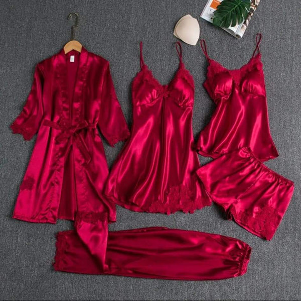 5 Piece Silk Long Bridal Nighty Set Best Honeymoon Gown with Bra and Pant