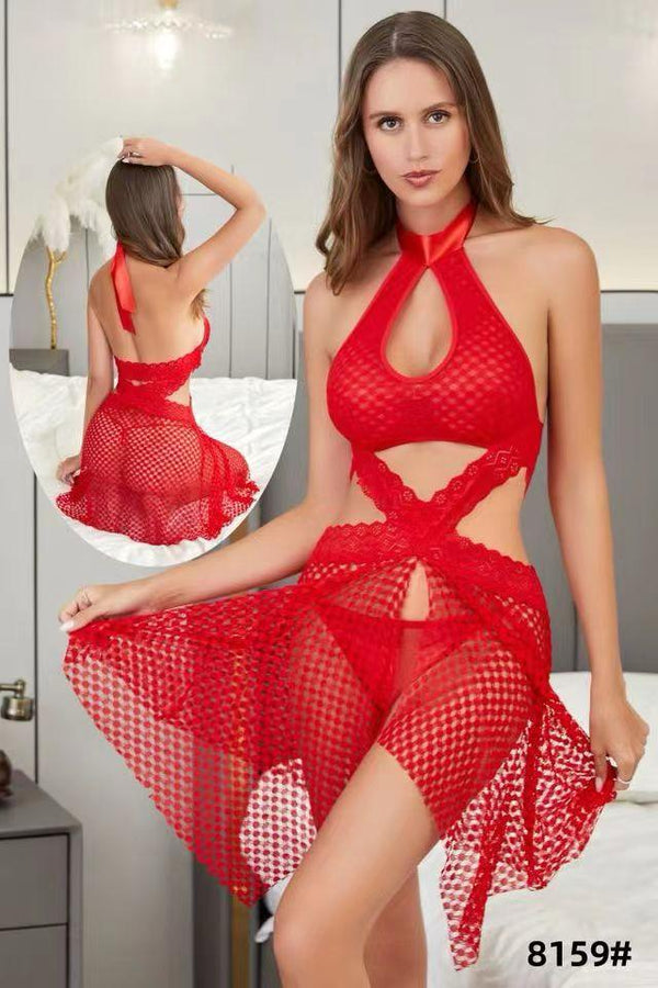 Red Cutout Fishnet Baby doll Lingerie Dress.