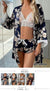 Women's 3-Piece Silk-Satin Floral Pajama Set with Kimono Robe, Lace Bralette, and Shorts.