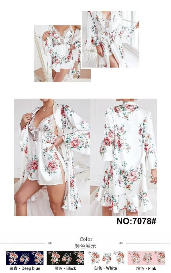 Women's 3-Piece Satin Floral Sleepwear Set with Lace Bralette, Shorts, and Robe.
