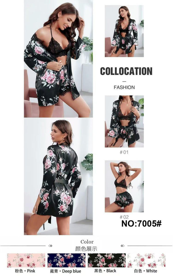 Women's 3-Piece Satin Floral Sleepwear Set with Lace Bralette, Shorts, and Robe.
