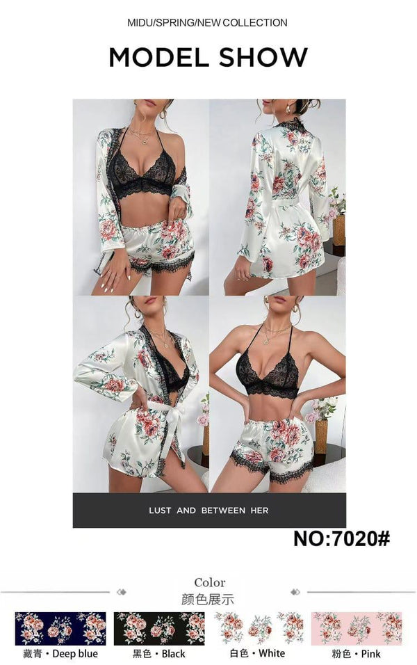 Women's 3-Piece Satin Floral Sleepwear Set with Lace Bralette, Shorts, and Robe.