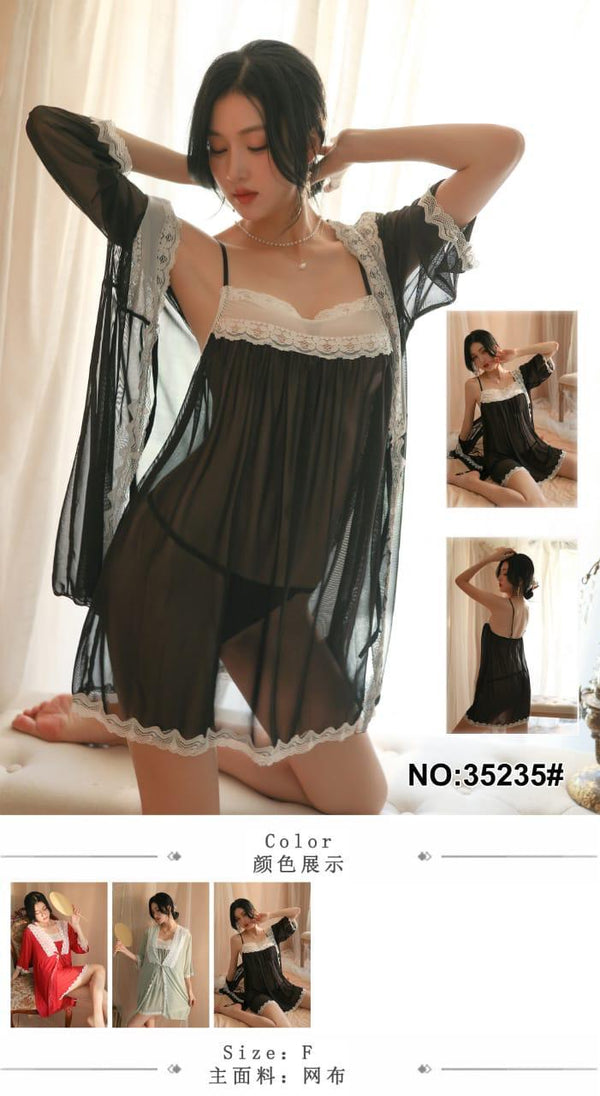 Two-Piece Black Mesh Babydoll Nightdress with a Matching Lace-Trimmed Sheer Robe Lingerie Set.