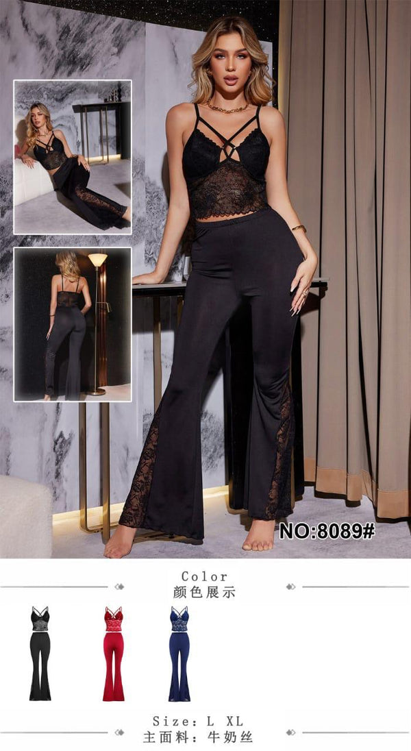 Sexy two-piece pajama set (or sleeveless jumpsuit) featuring a fitted camisole top and matching flare pants