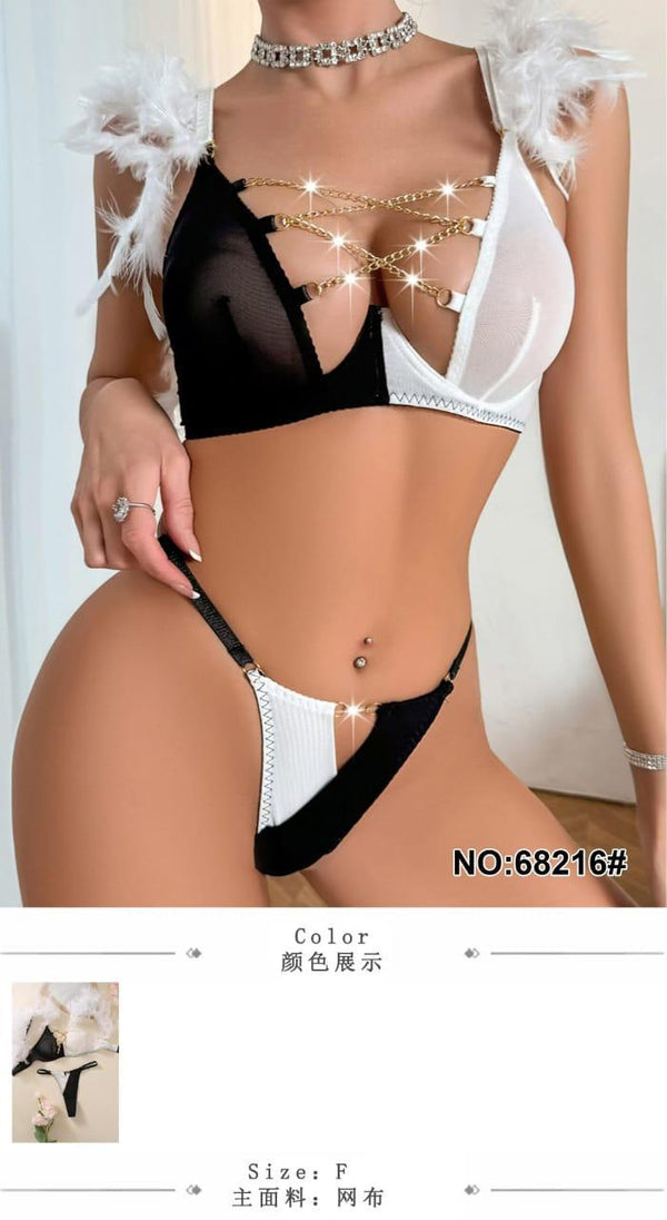 Two-piece color-block lace net lingerie set