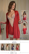 Two-piece women's sleepwear lingerie set consisting of a short chemise (nightgown) and a matching open-front robe