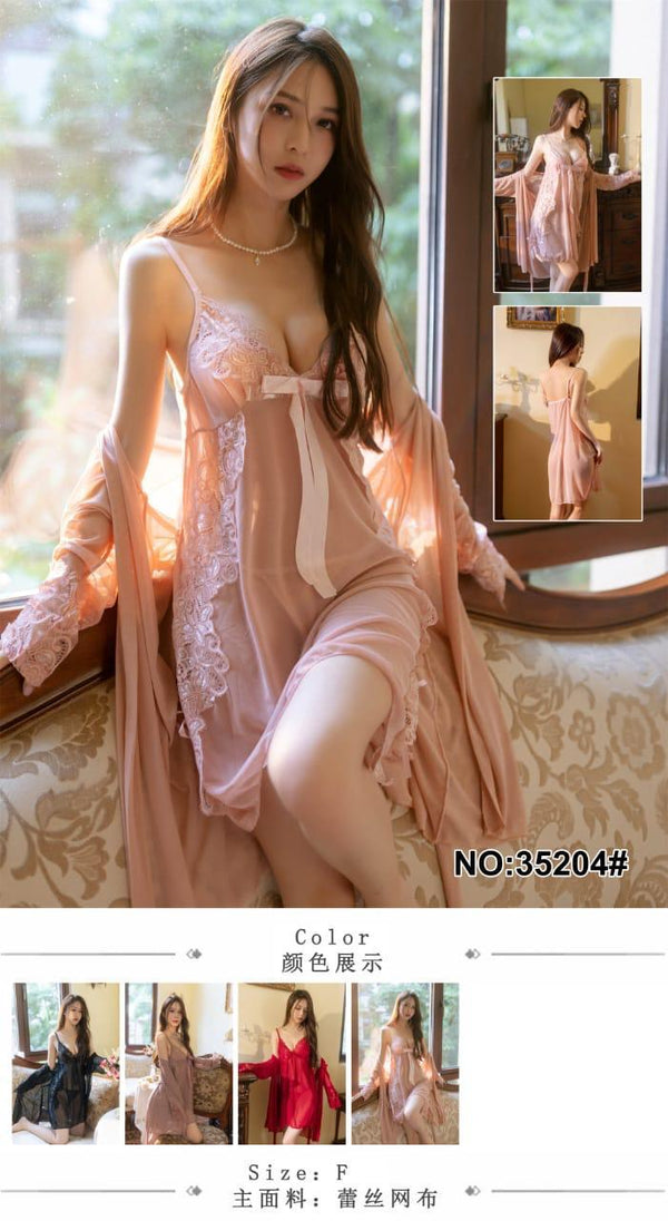 Two-piece lace mesh nightgown and robe lingerie set.