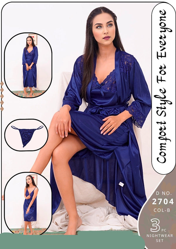 3 Pcs Hot Sexy Satin Silk Nighty Set For Women Bridal Night Dress for Women