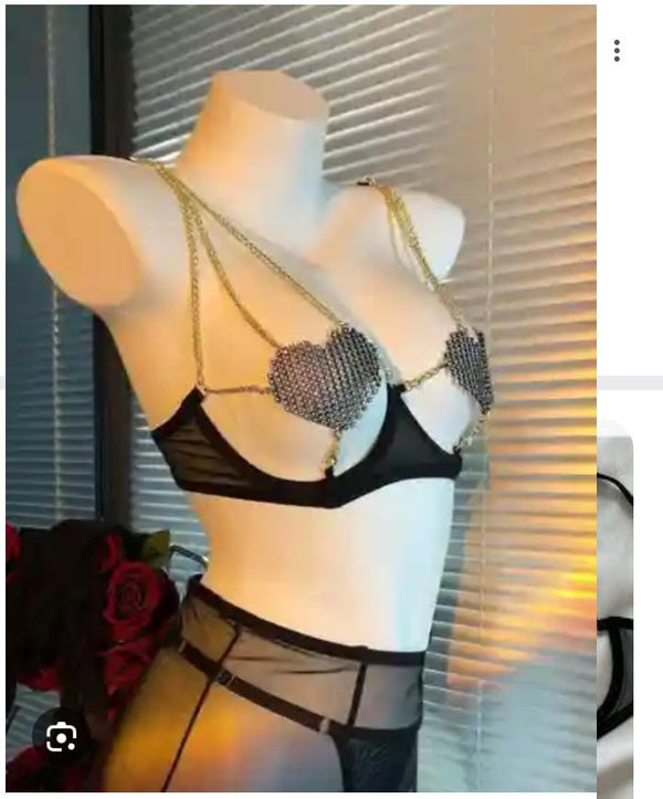 Black Mesh Crystal Heart Chain Cut-Out Lingerie 4-Piece Set with Glove