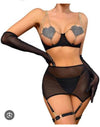 Black Mesh Crystal Heart Chain Cut-Out Lingerie 4-Piece Set with Glove