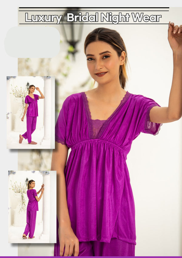 PREMIUM QUALITY .HIGH QUALITY GSM USE. 2 PIECE NIGHTWEAR . TROUSER SHIRT 7 COLOURS .Stuff=SILK FREE SIZE28 TO 38 BREAST SIZE EASILY WEAR.