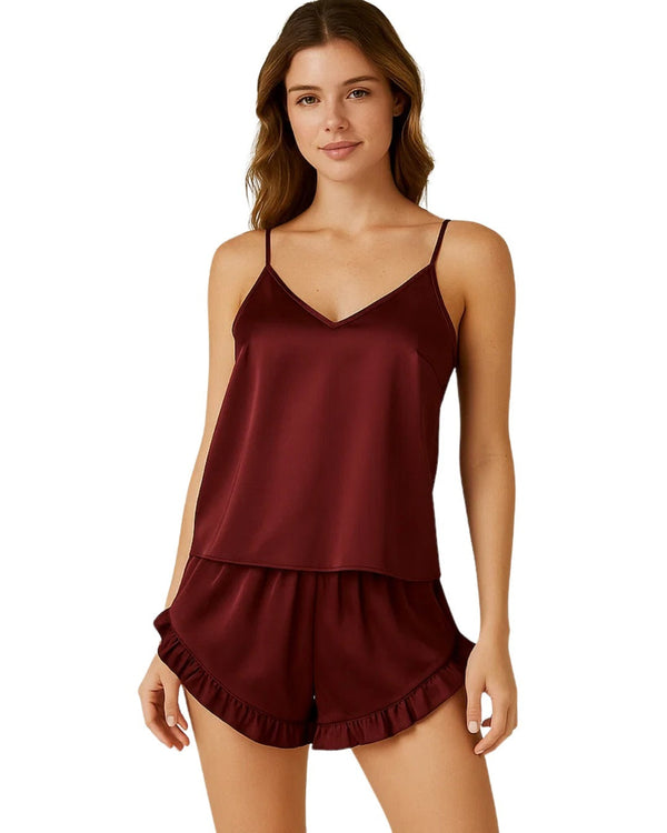 Sajiero Women's Sleeveless Cami Sets, Adjustable Straps, Midnight Glimmer Maroon
