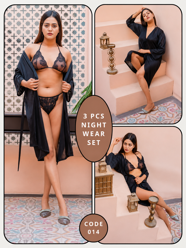Roses Luxury 3-Piece Gown Bikini Nightwear Set – Code 014