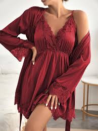 Nightgown,Women Sexy Lace Silk Robe Gown Set Pajamas Set Sleep Dress Bathrobe 2 Piece Robe Sleepwear L Winered (Winered XL)