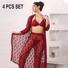 Red Lace Nightwear Set 4 Piece Premium Quality