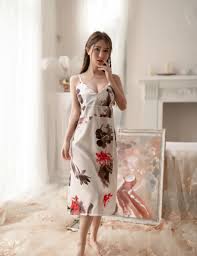 Romantic White Silk Slip Dress with Floral Ink Print – Women’s Nightwear