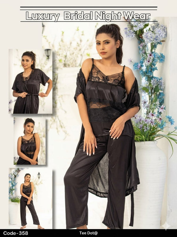 PREMIUM QUALITY . HIGH QUALITY GSM USE. 3 PIECE NIGHTWEAR . 4 COLOURS . Stuff=SILK FREE SIZE 28 TO 38 BREAST SIZE EASILY WEAR.