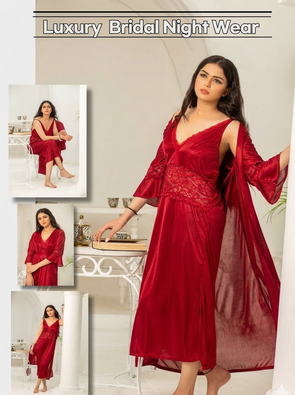 PREMIUM QUALITY .HIGH QUALITY GSM USE. 2 PIECE NIGHTWEAR . LONG INNER+LONG GOWN. 7 COLOURS .Stuff=SILK FREE SIZE28 TO 38 BREAST SIZE EASILY WEAR.