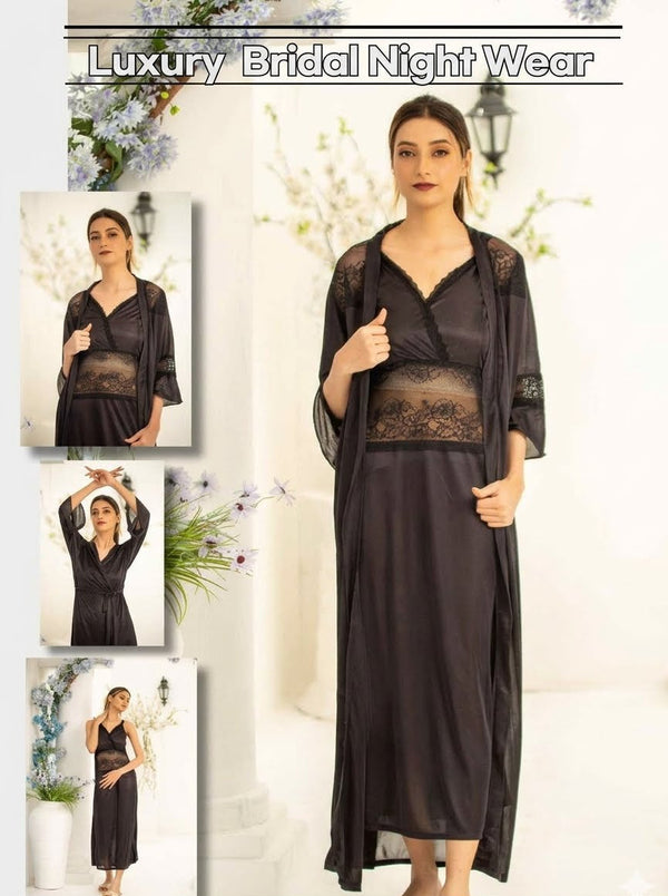 PREMIUM QUALITY .HIGH QUALITY GSM USE. 2 PIECE NIGHTWEAR . LONG INNER+LONG GOWN. 7 COLOURS .Stuff=SILK FREE SIZE28 TO 38 BREAST SIZE EASILY WEAR.