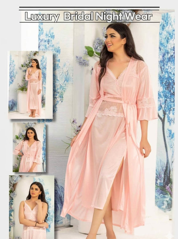 PREMIUM QUALITY .HIGH QUALITY GSM USE. 2 PIECE NIGHTWEAR . LONG INNER+LONG GOWN. 7 COLOURS .Stuff=SILK FREE SIZE28 TO 38 BREAST SIZE EASILY WEAR.