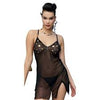 Sheer black mesh babydoll sleepwear chemise. It is designed as lightweight, form-fitting intimate nightwear with distinct design