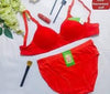 Red cotton bra and panty set, often marketed for bridal use or everyday comfort in Pakistan. The set features a plain, non-padded or lightly padded bra paired with matching full-coverage cotton briefs.