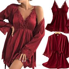 Nightgown,Women Sexy Lace Silk Robe Gown Set Pajamas Set Sleep Dress Bathrobe 2 Piece Robe Sleepwear L Winered (Winered XL)